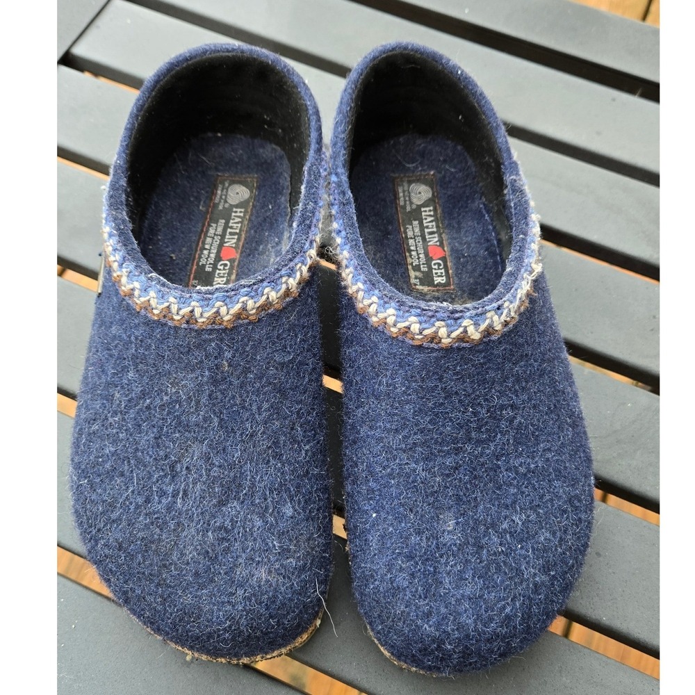 Haflinger Grizzly Navy Blue Wool Felt Clogs Braided Trim Cork Footbed Womens 37